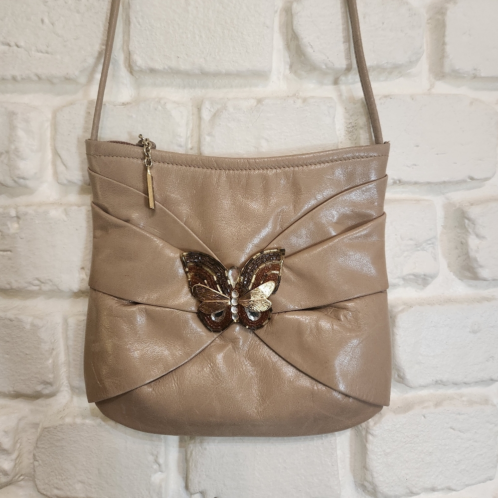 Rodo Vintage Tan Leather Rhinestone Butterfly Accent Made In Italy Purse